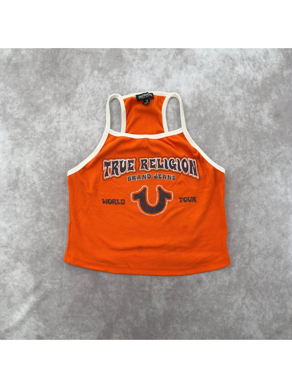 True Religion Orange Ribbed Graphic Tank Top Contrast Trim Y2K Size M